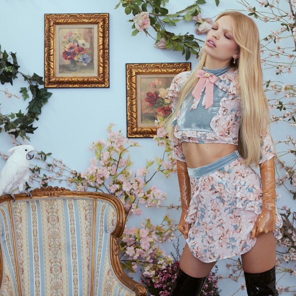 For Love and Lemons Blossom Silk Ruffle Velvet Crop top Skirt Set RARE